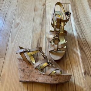 Marc Fisher Genny Tan Leather Straps Platform Wedge Heel Sandals
